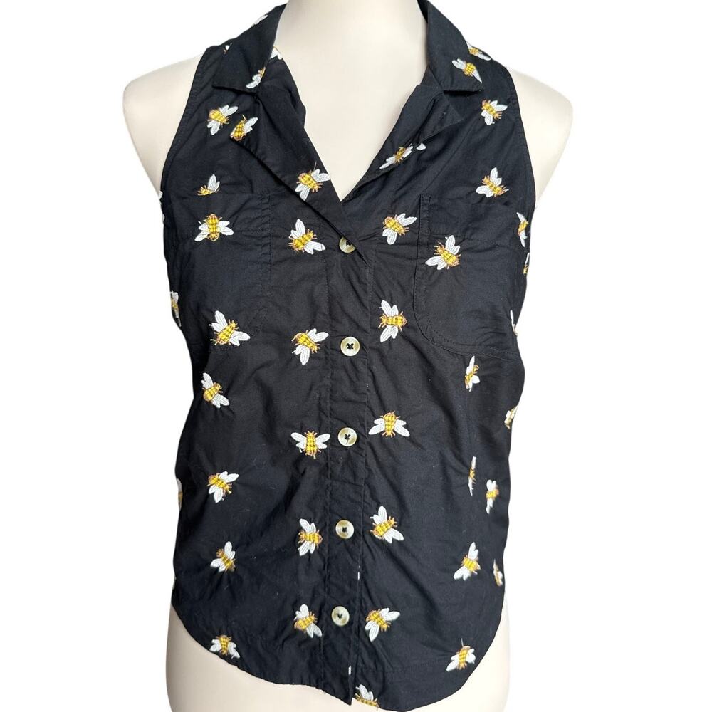 HD In Paris Bee Embroidered Sleeveless Button Front Blouse Black Size 2 Novelty